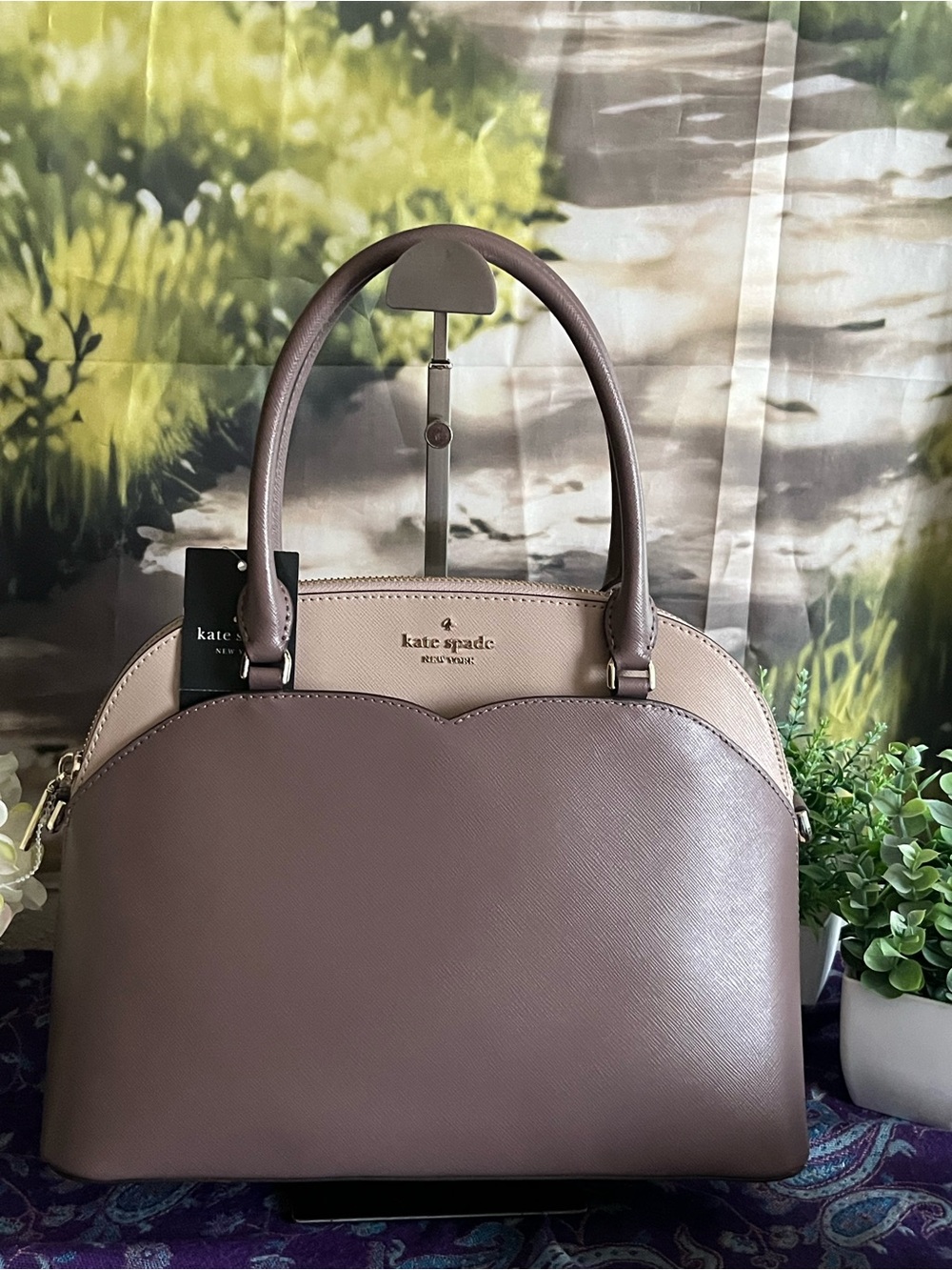 KATE SPADE colorblock, soft brown, and  tan  Dome Satchel with Crossbody strap